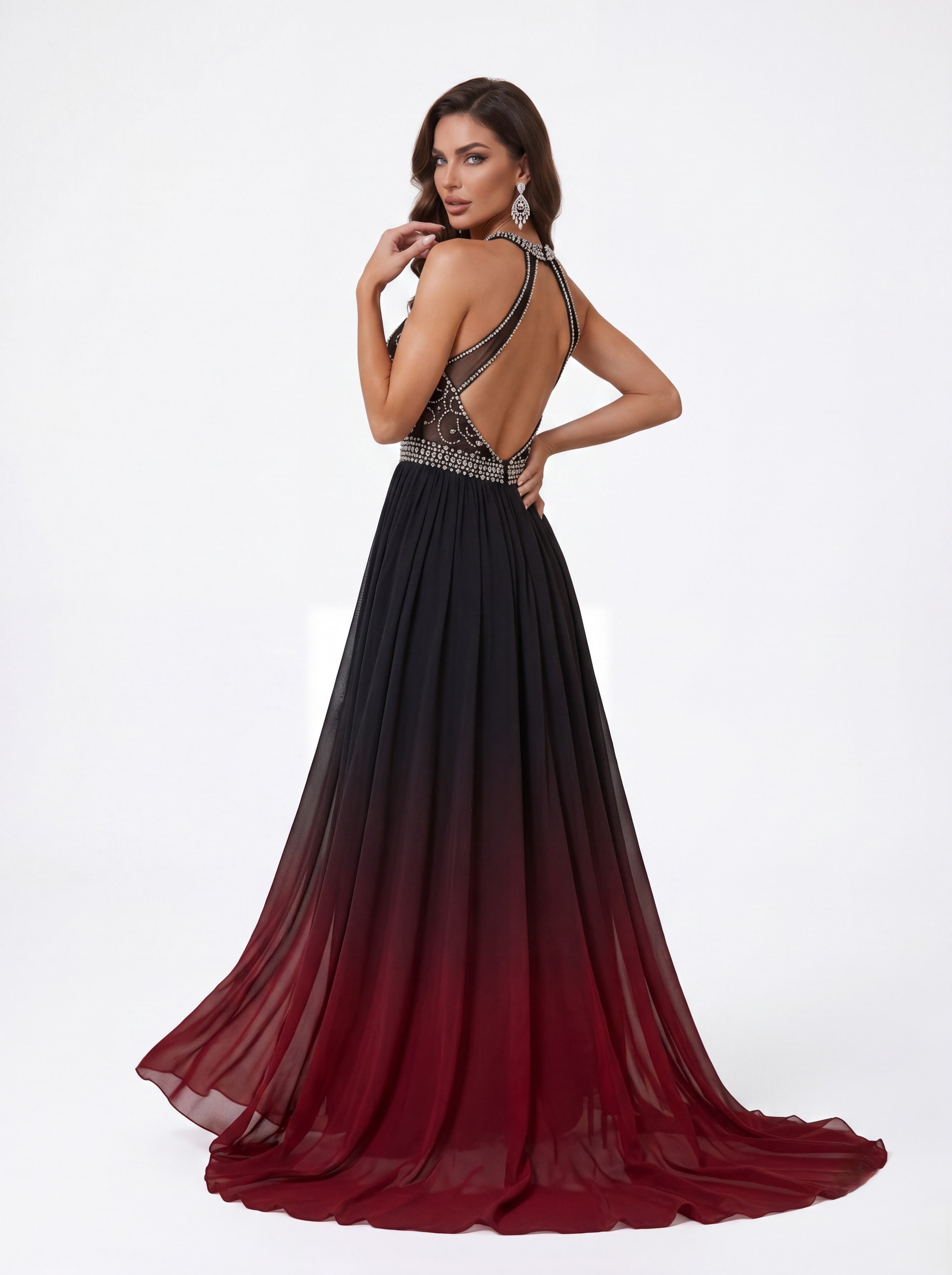 Ombre Embellished Chiffon Evening Gown