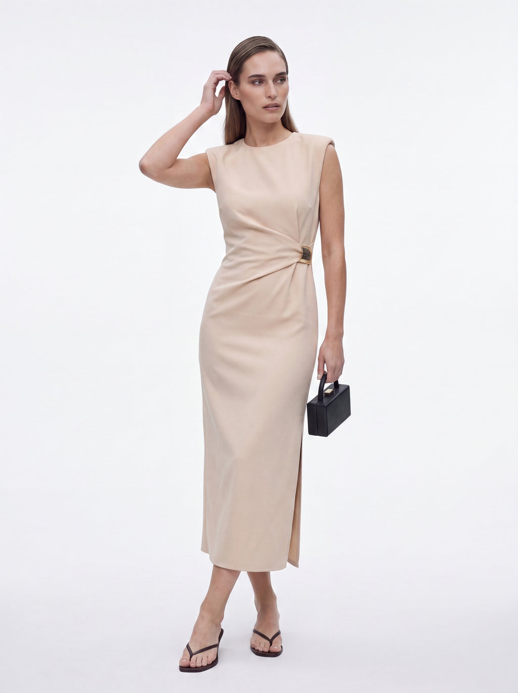 Women's Beige Sleeveless Buckle Detail Midi Dress – Elegant Bodycon Occasion Dress