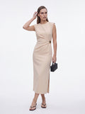Women's Beige Sleeveless Buckle Detail Midi Dress – Elegant Bodycon Occasion Dress