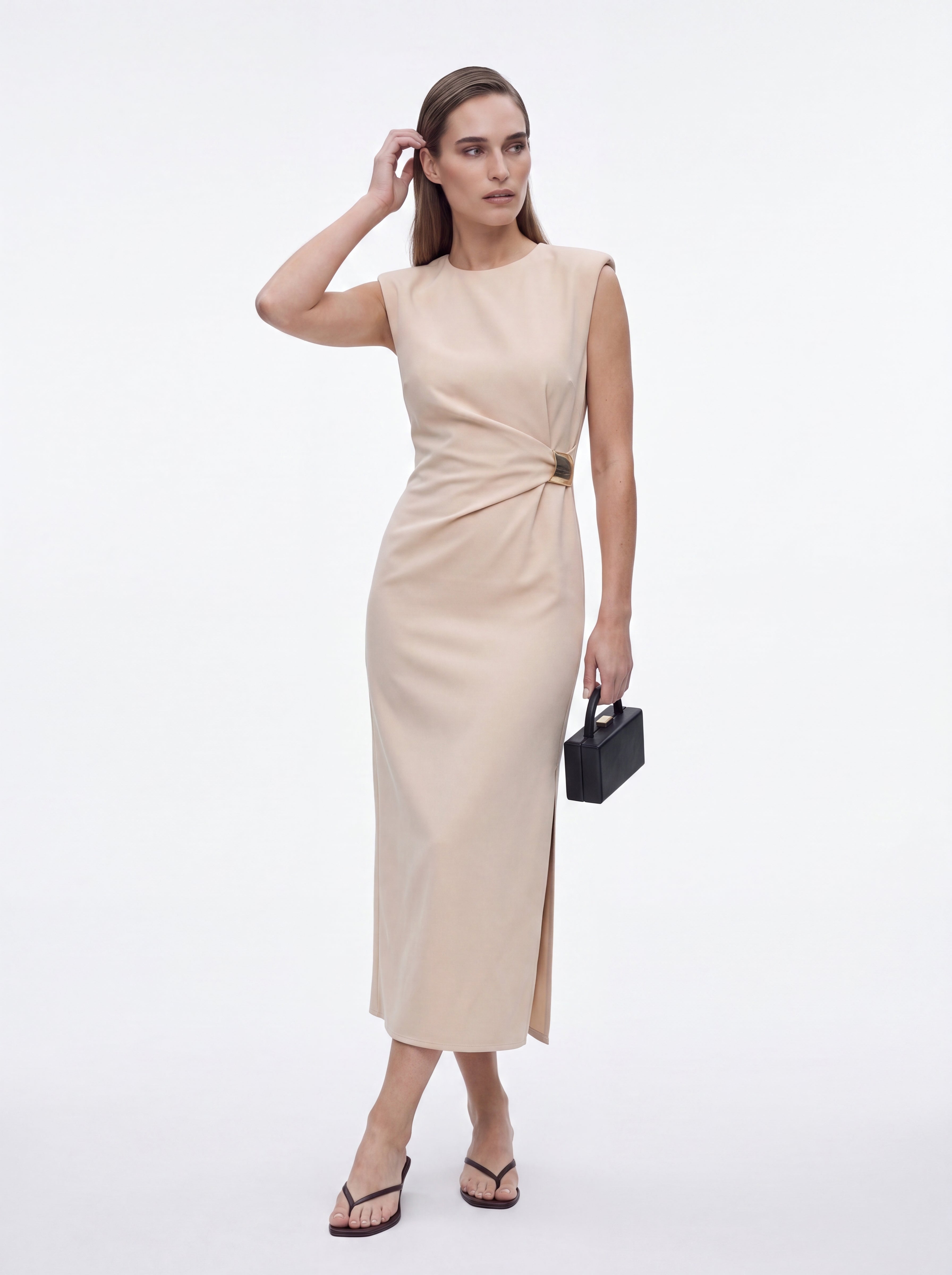 Women's Beige Sleeveless Buckle Detail Midi Dress – Elegant Bodycon Occasion Dress