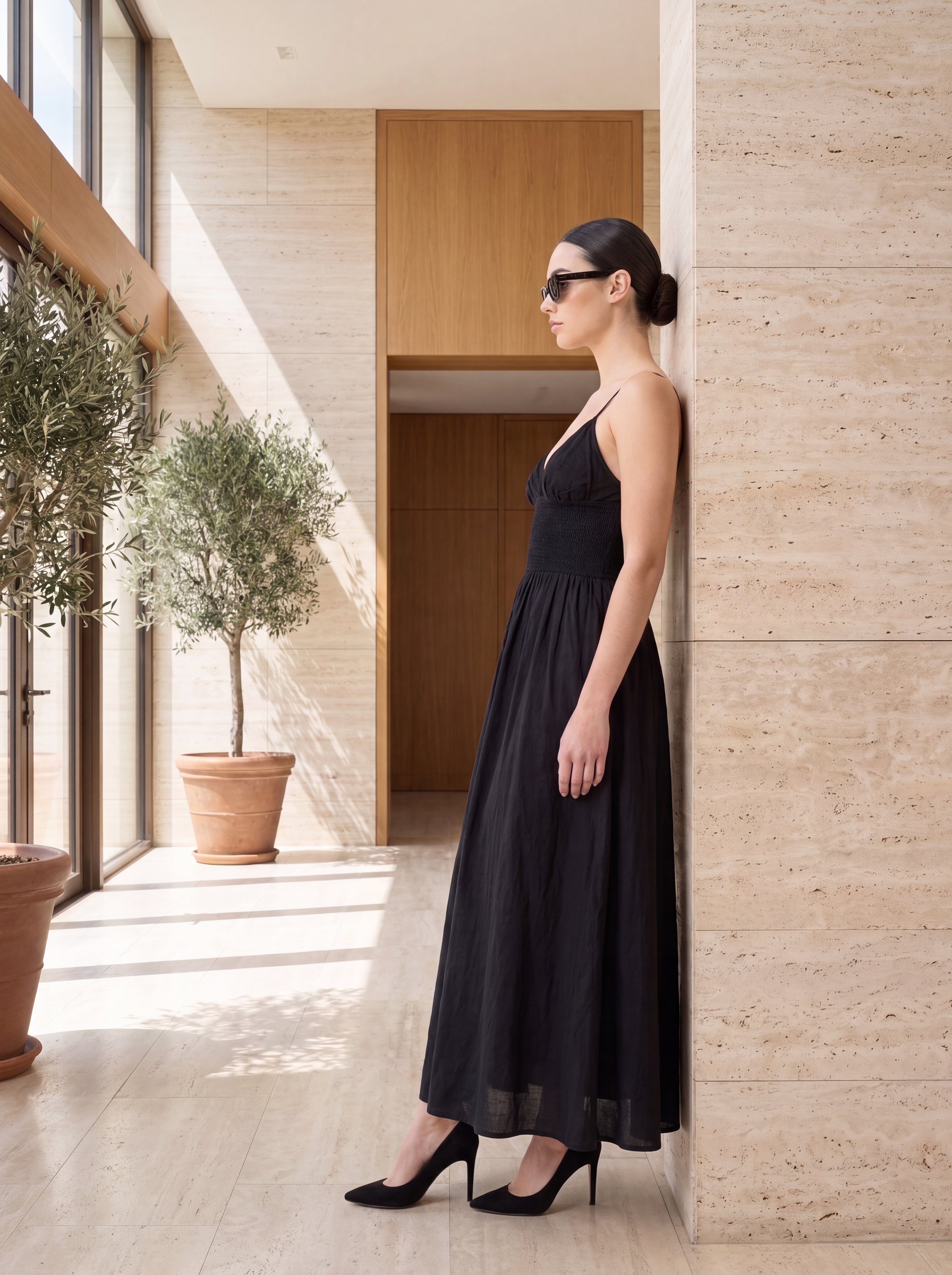 Women's Black Smocked Waist Maxi Dress – Elegant Sleeveless Cotton Midi Dress