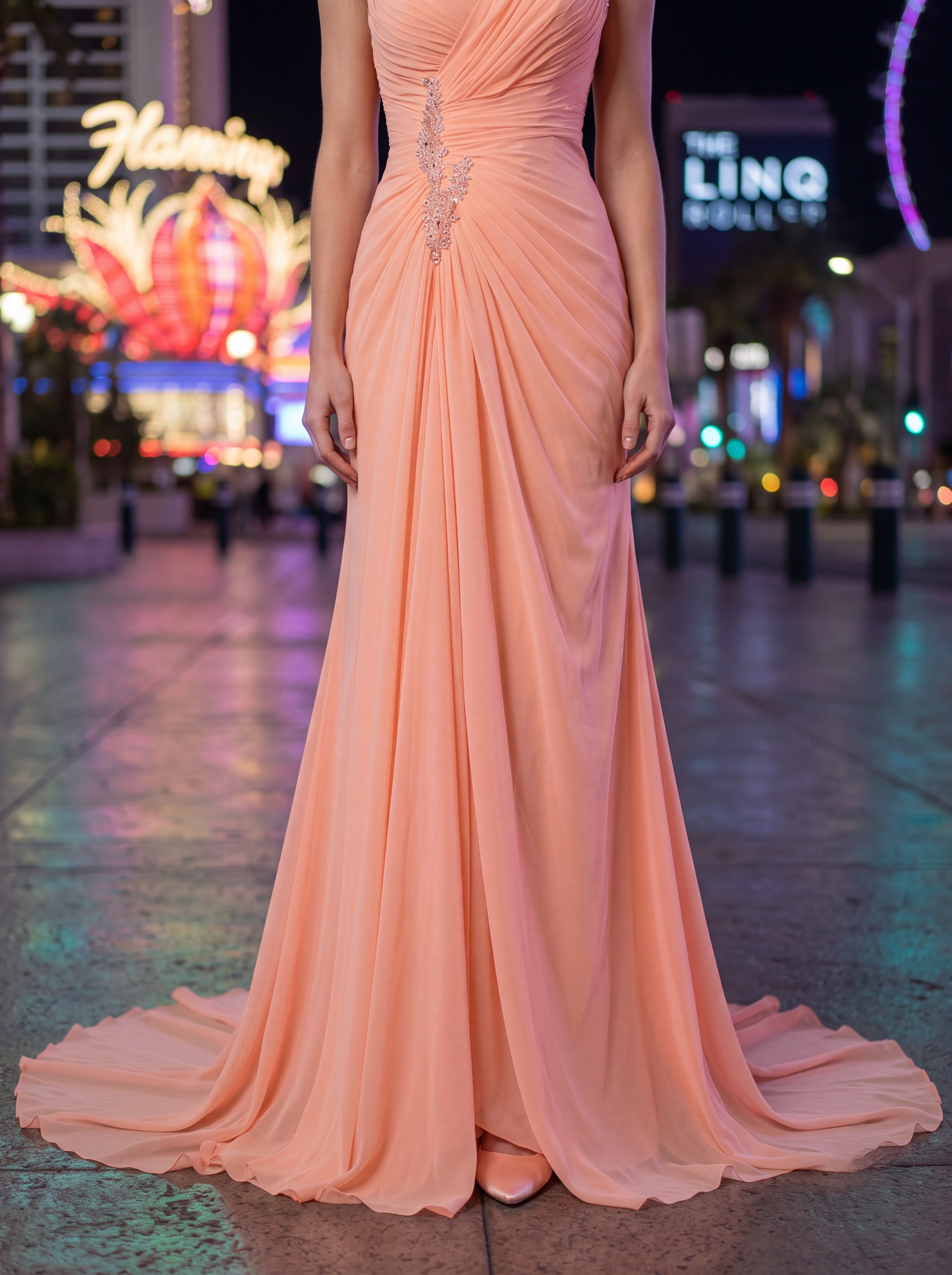 Peach Embellished Ruched Evening Gown