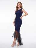 Navy Sheath Dress with Sheer Asymmetrical Hem