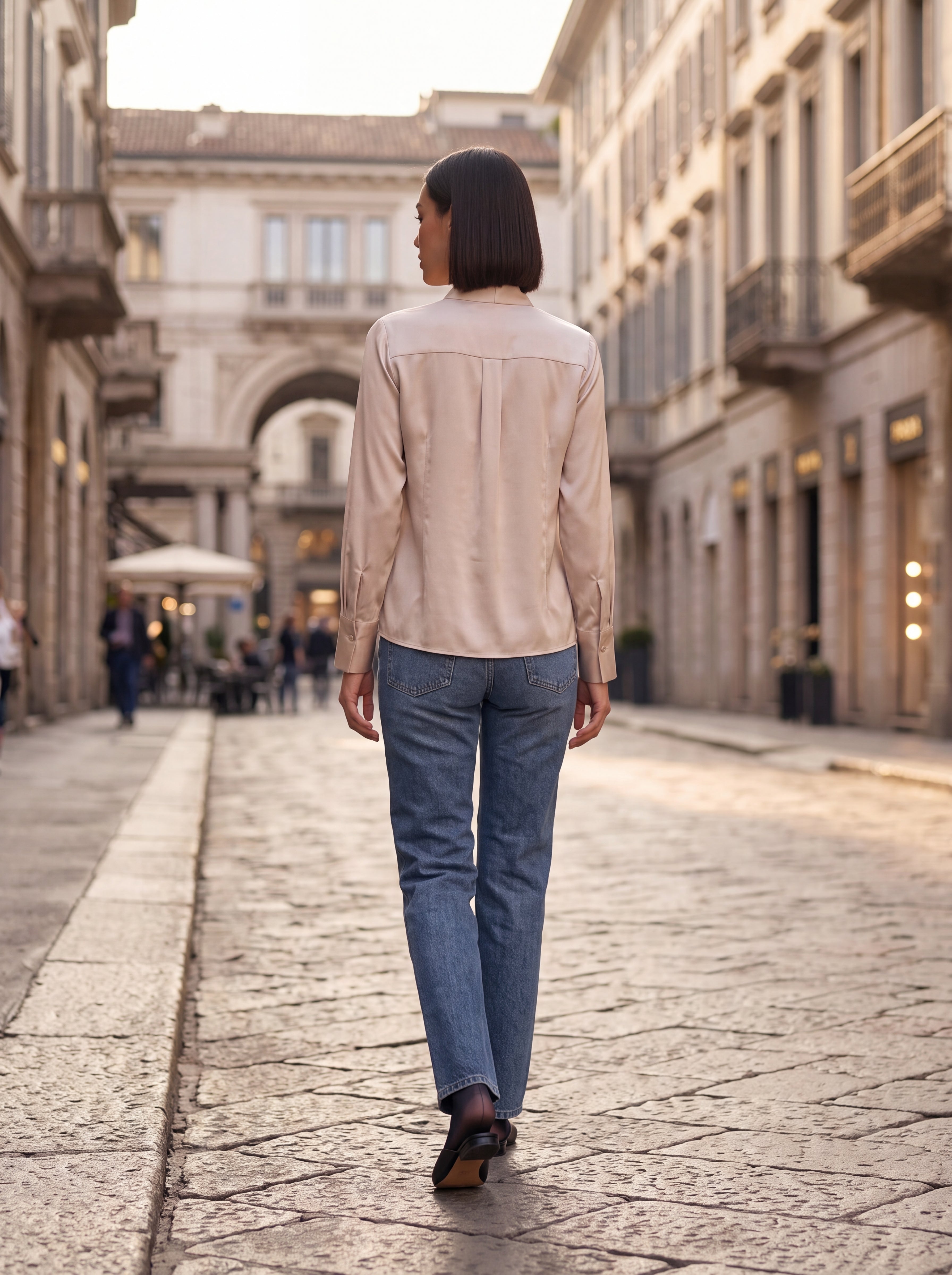 Women's Champagne Satin Tie-Neck Blouse | Premium European Elegant Shirt