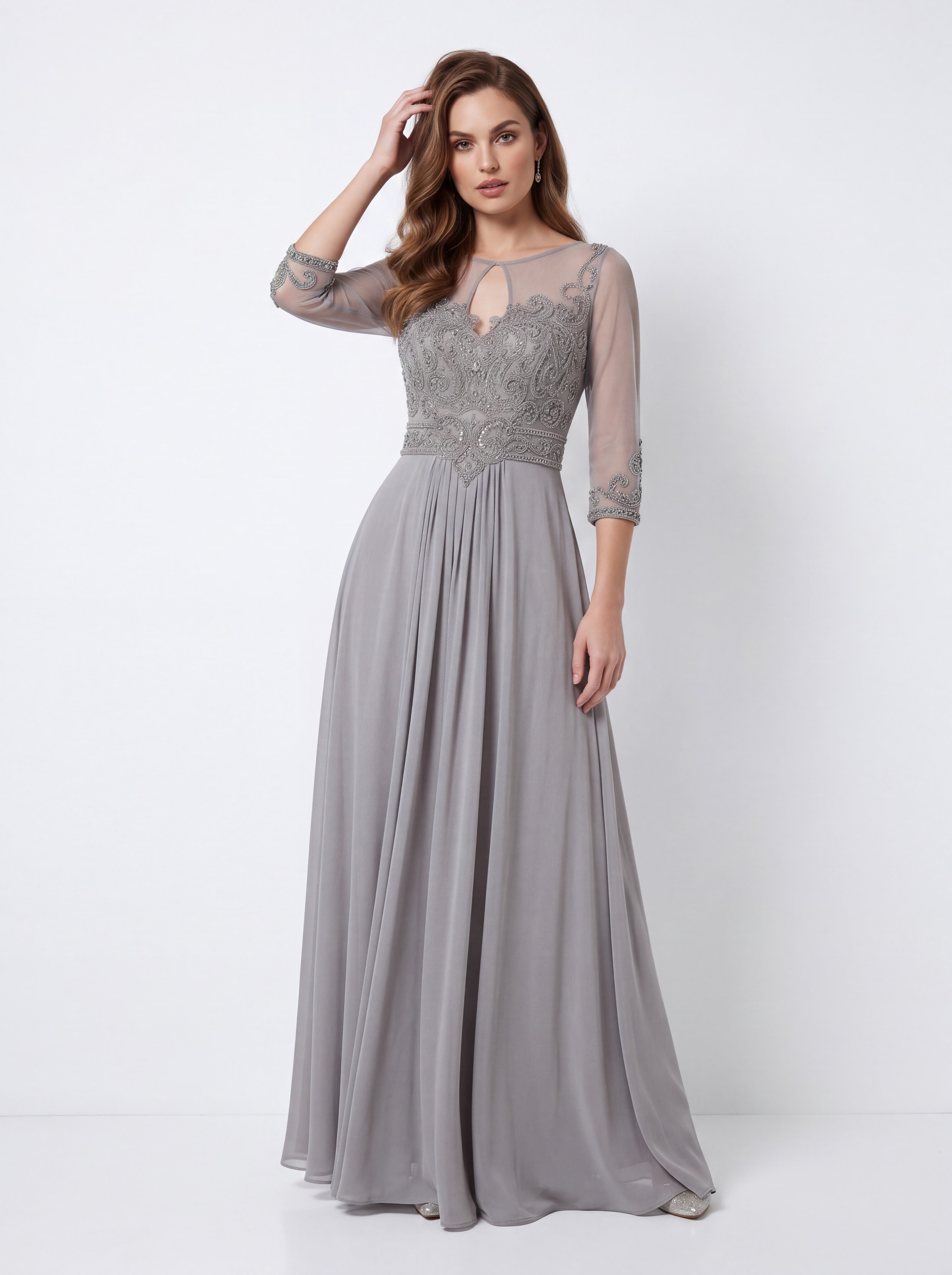 Silver Grey Embroidered Chiffon Maxi Dress