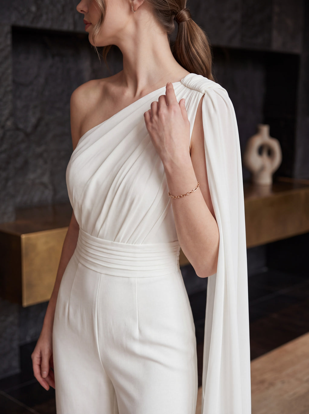 Ivory One-Shoulder Cape Jumpsuit