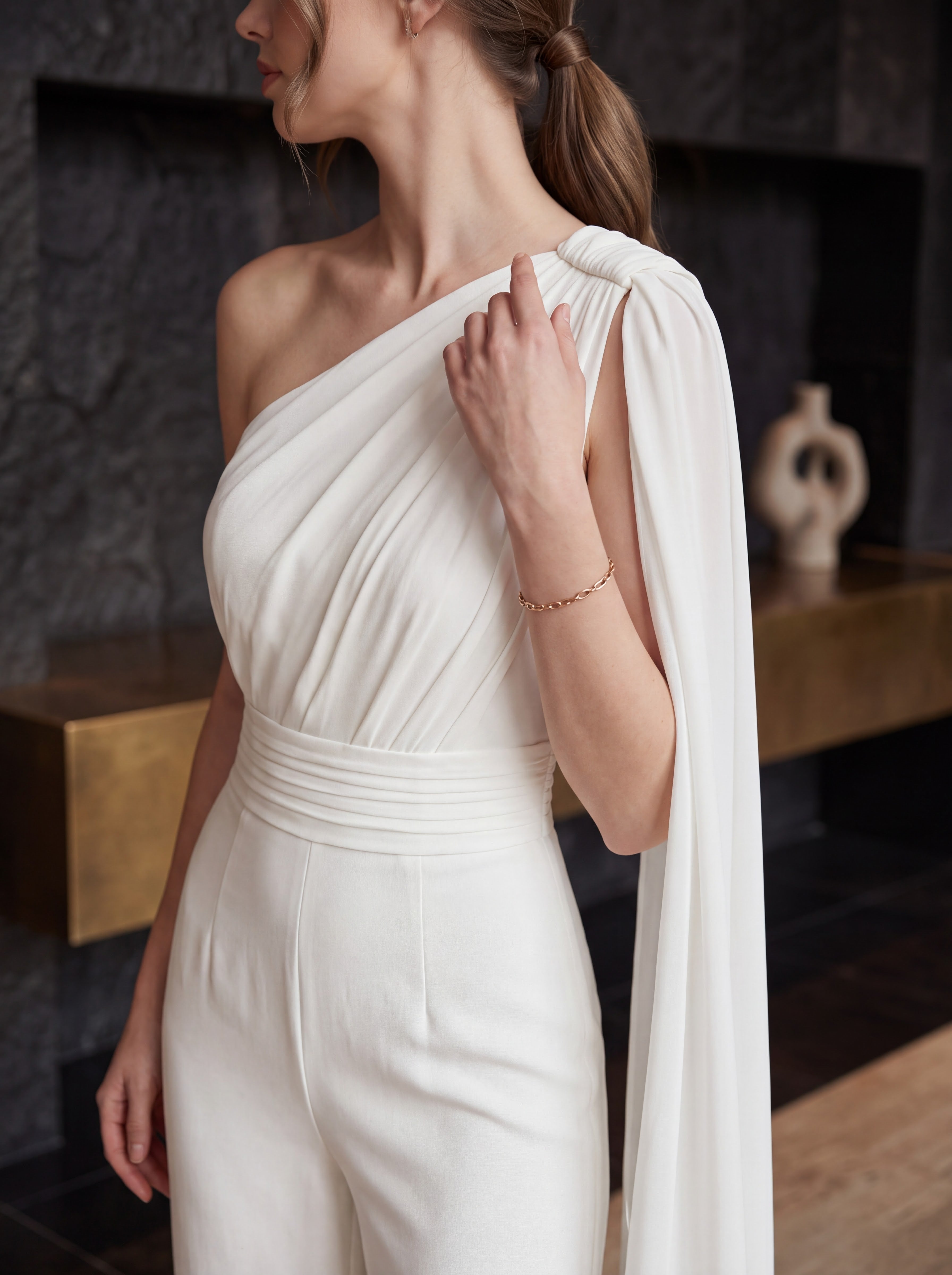 Ivory One-Shoulder Cape Jumpsuit