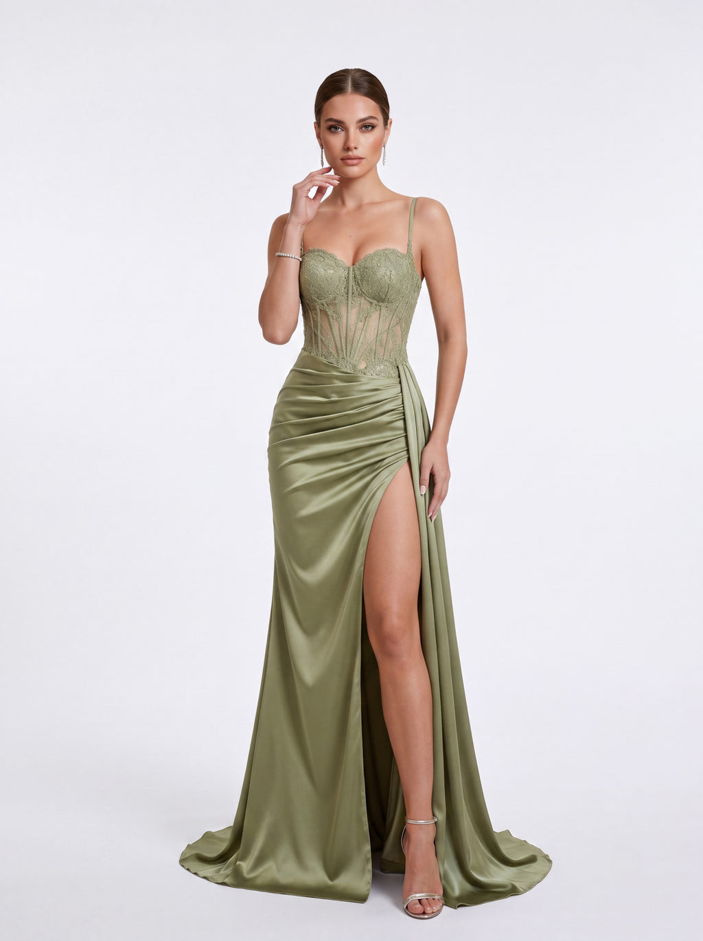 Sage Green Lace Corset High Slit Satin Evening Gown