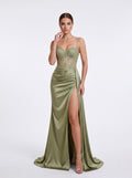 Sage Green Lace Corset High Slit Satin Evening Gown