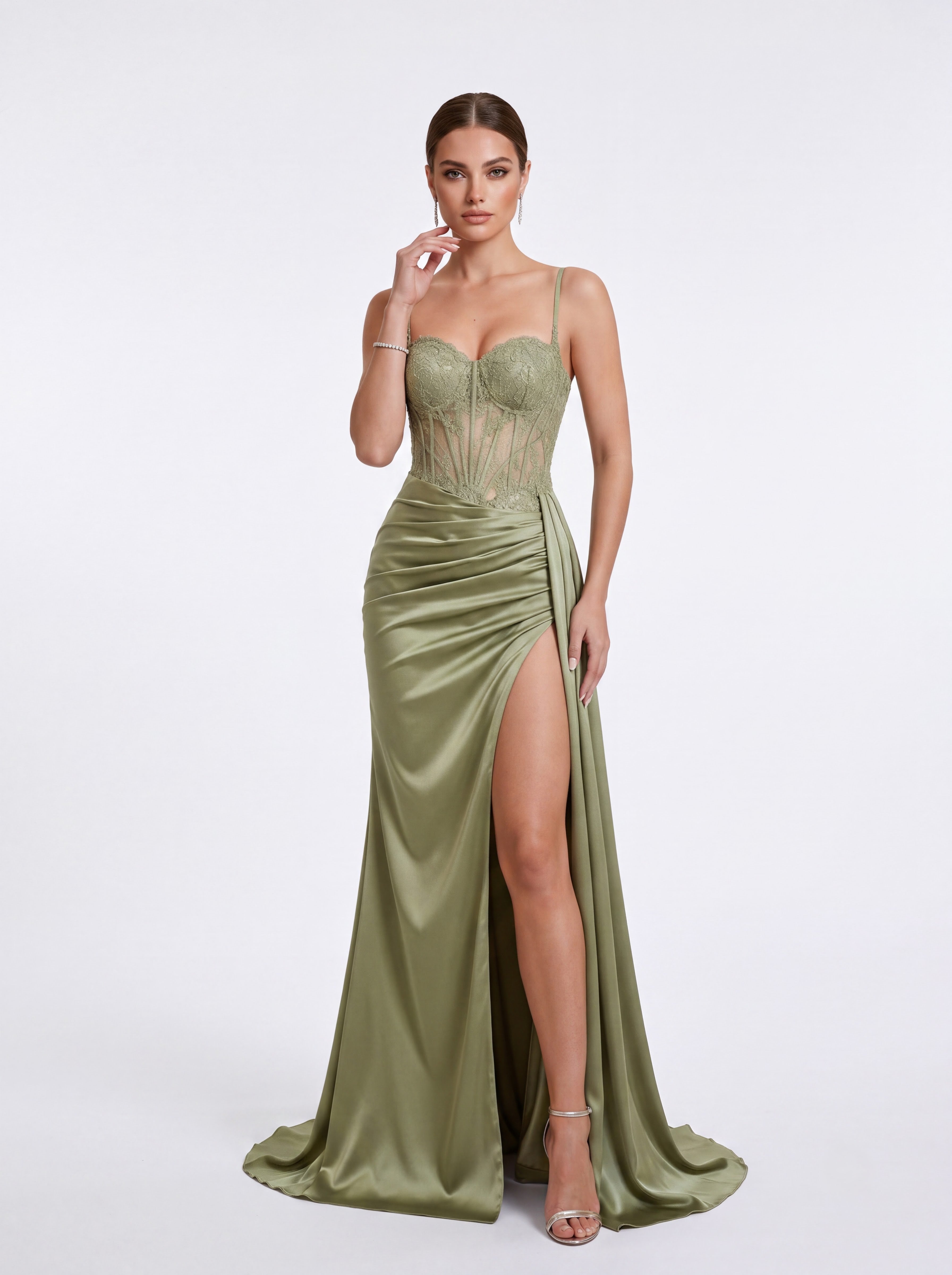Sage Green Lace Corset High Slit Satin Evening Gown
