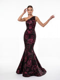 Black & Burgundy Floral Mermaid Evening Gown