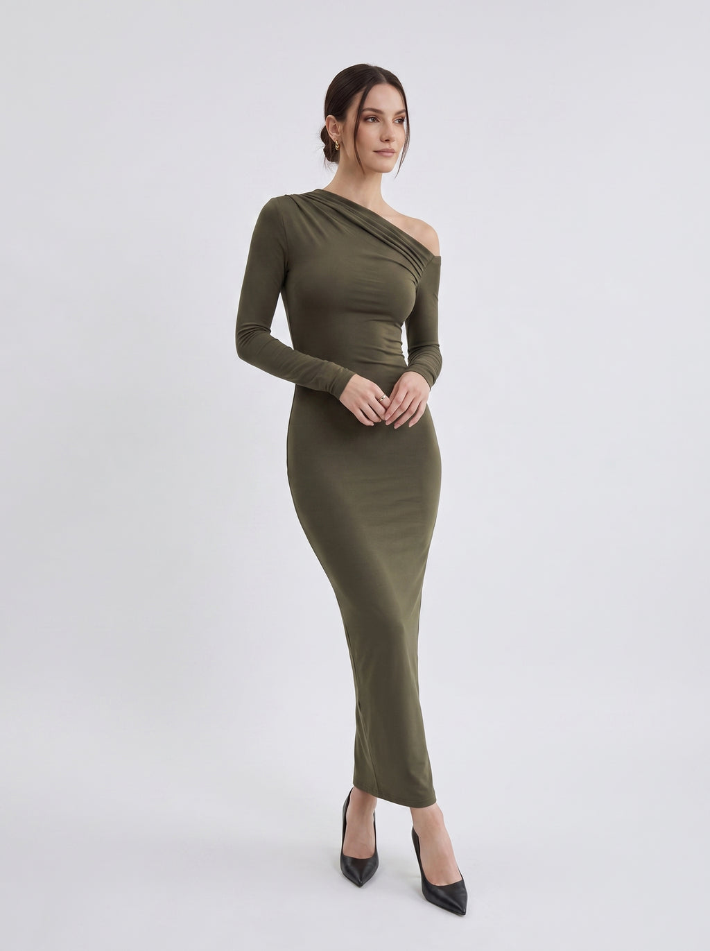 Women's Olive One-Shoulder Ruched Maxi Dress – Elegant Long Sleeve Bodycon Evening Dress