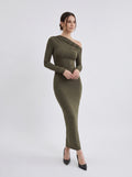Women's Olive One-Shoulder Ruched Maxi Dress – Elegant Long Sleeve Bodycon Evening Dress