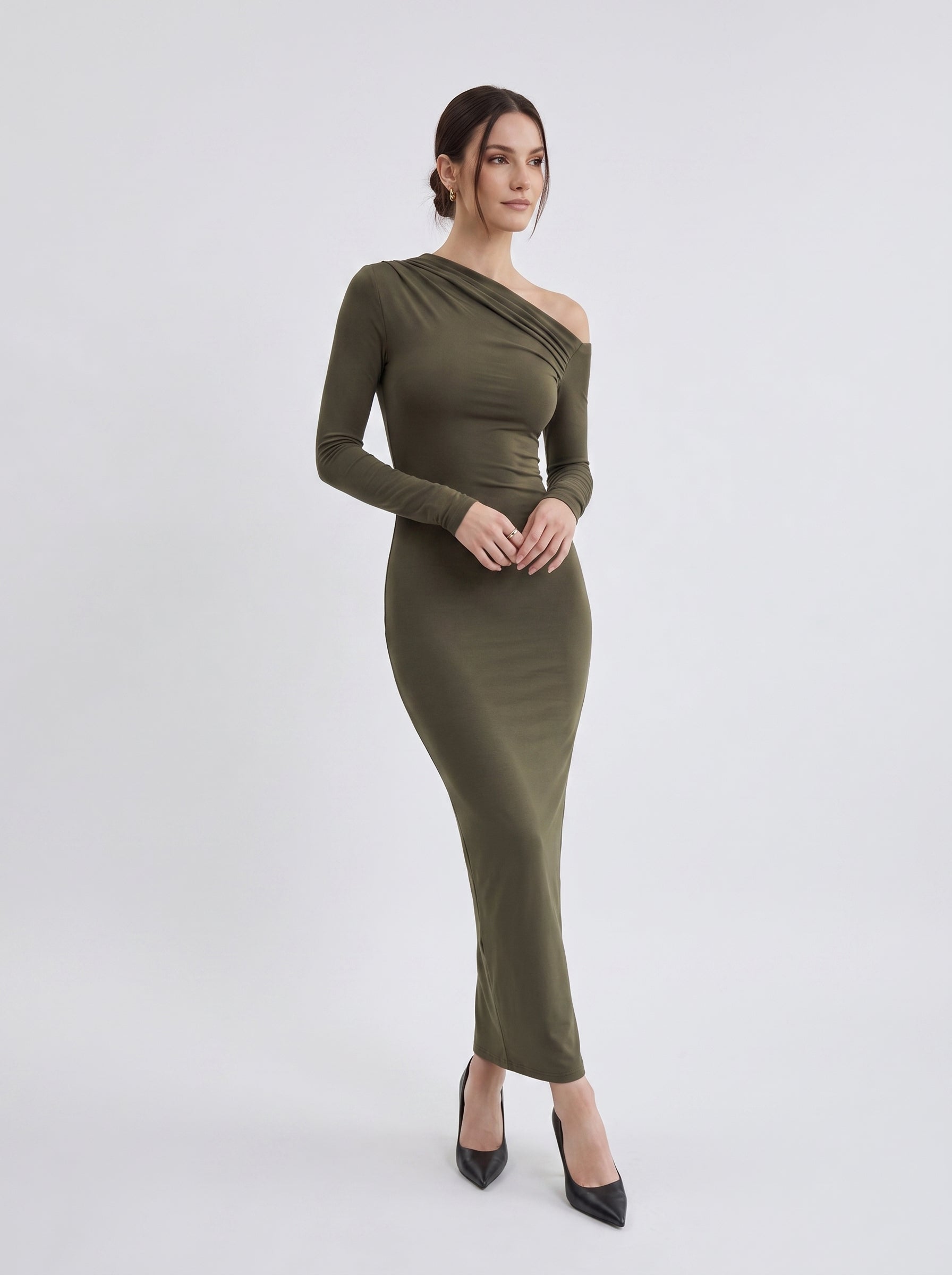 Women's Olive One-Shoulder Ruched Maxi Dress – Elegant Long Sleeve Bodycon Evening Dress
