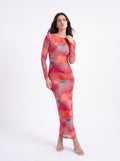 Women's Abstract Print Bodycon Maxi Dress – Pink & Coral
