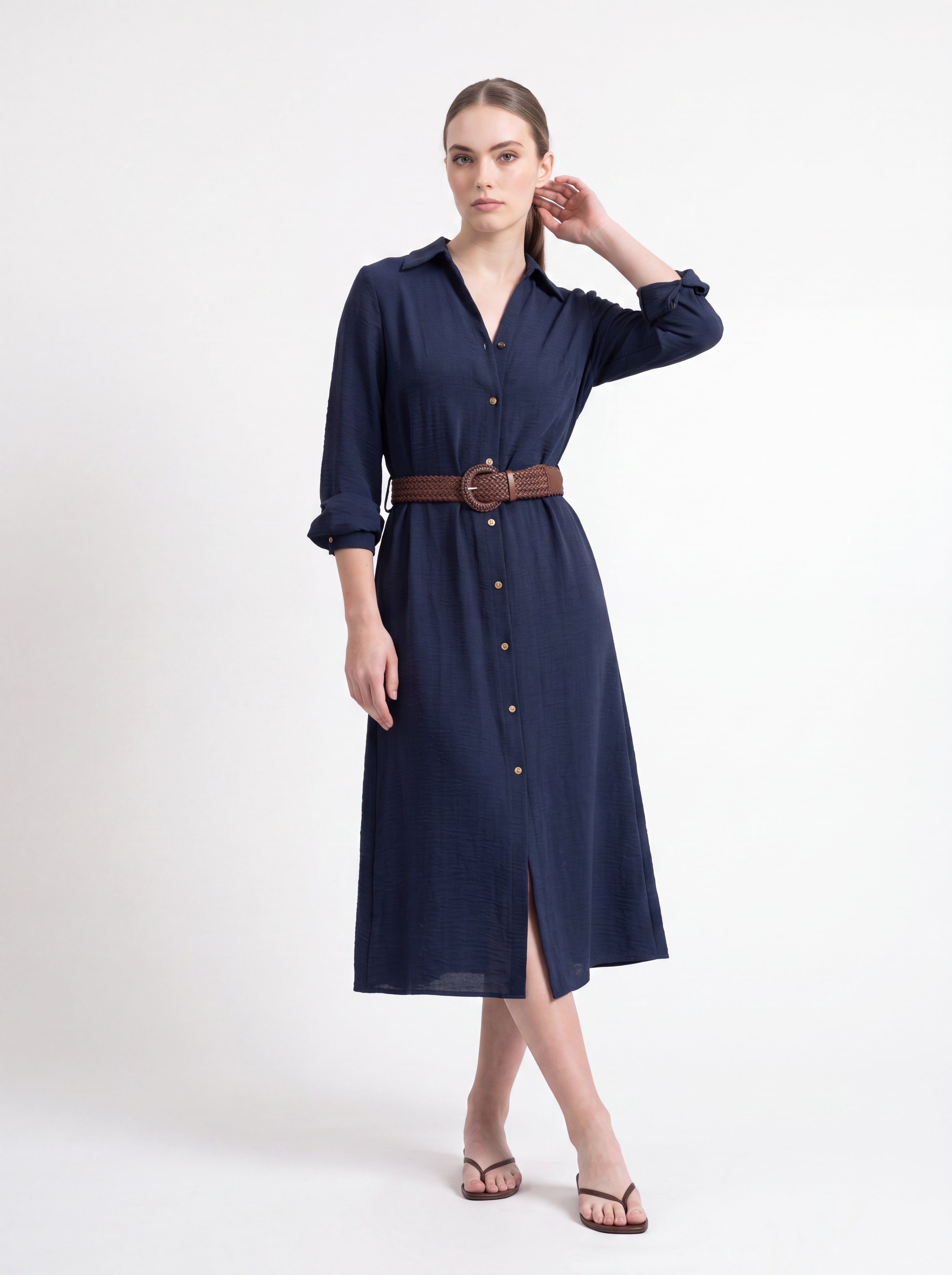 Women's Navy Button-Front Shirt Midi Dress with Belt