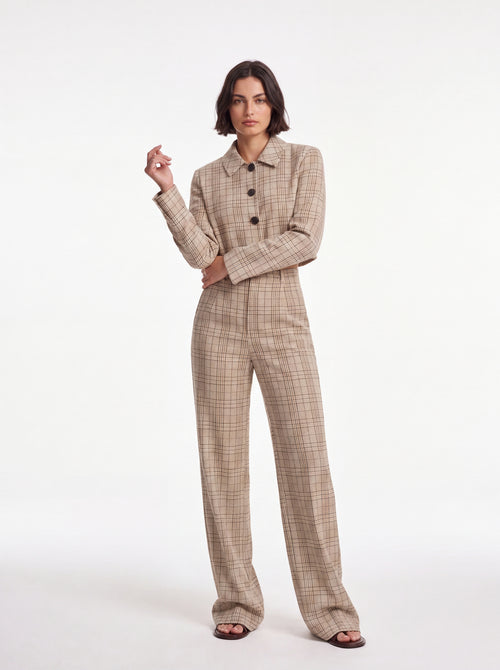 Beige Plaid High-Waisted Wide-Leg Tailored Trousers - Luxury women's fashion by Lioness Walk