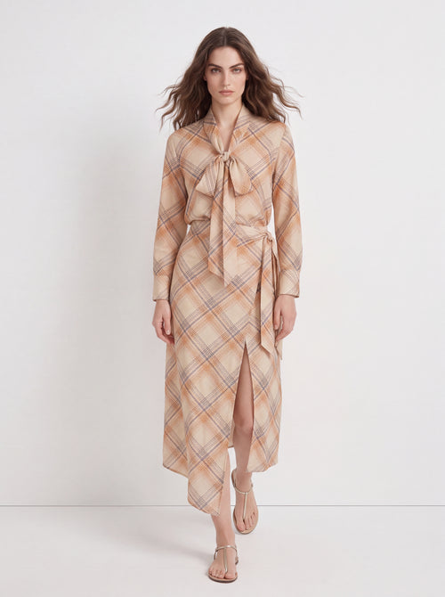 Beige Plaid Tie-Neck Wrap Top - Luxury women's fashion by Lioness Walk