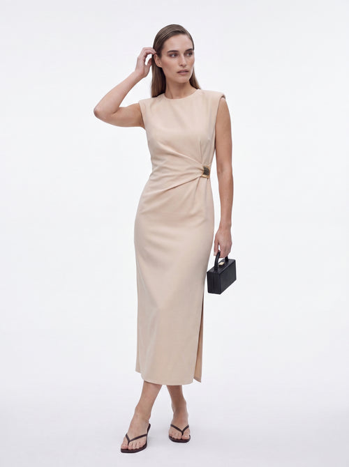 Beige Sleeveless Buckle Detail Midi Dress - Luxury women's fashion by Lioness Walk