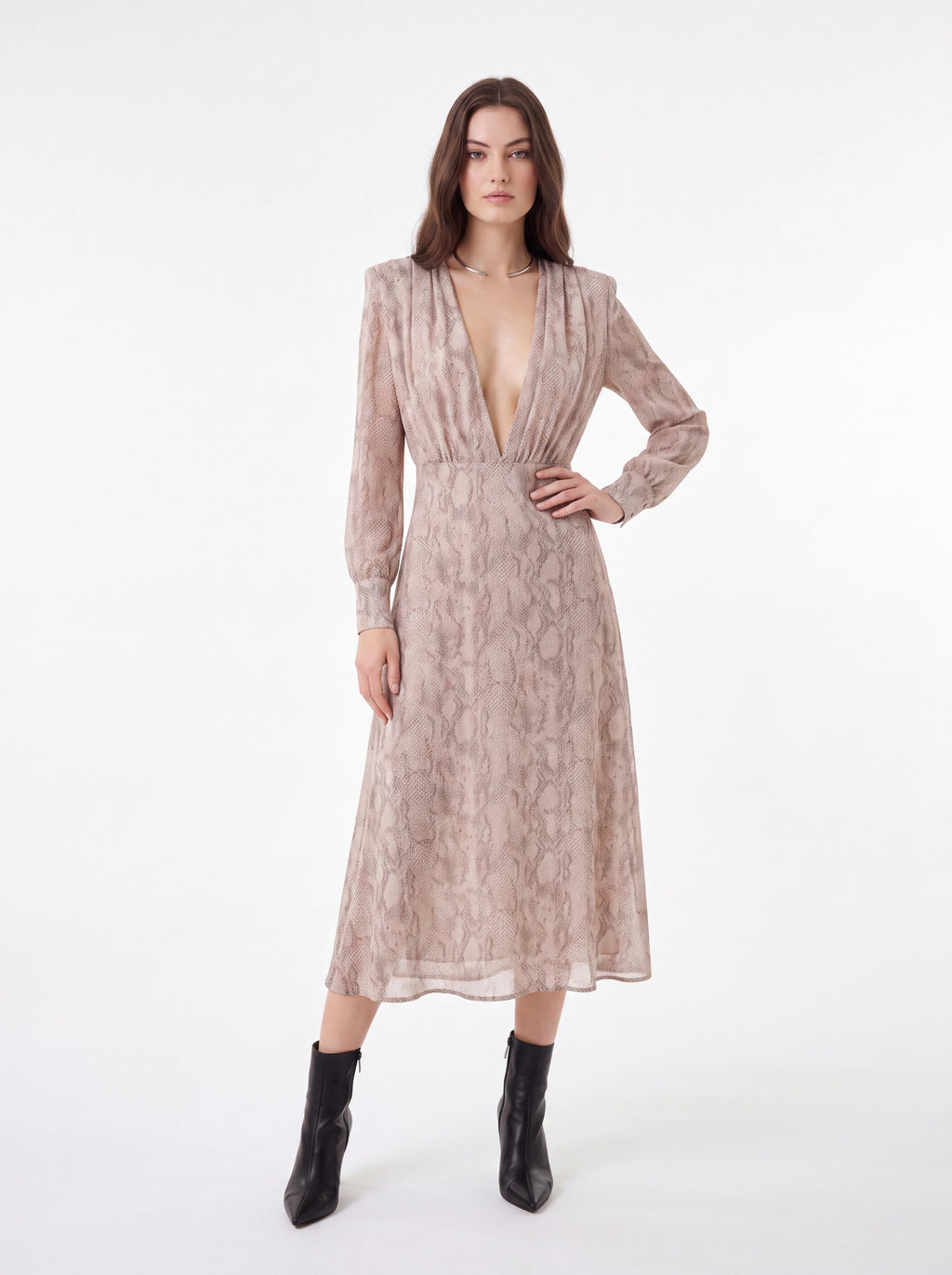 Beige Snake Print Midi Dress - Luxury women's fashion by Lioness Walk