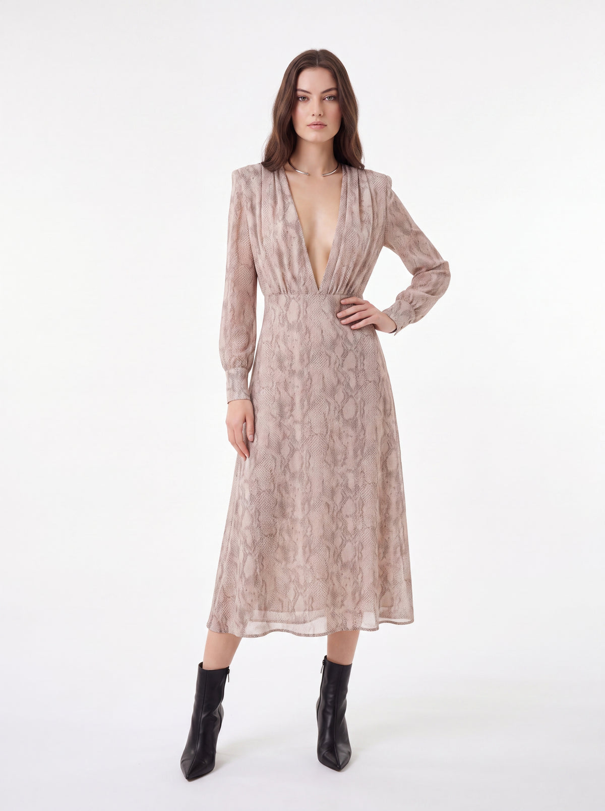 Beige Snake Print Midi Dress - Luxury women's fashion by Lioness Walk