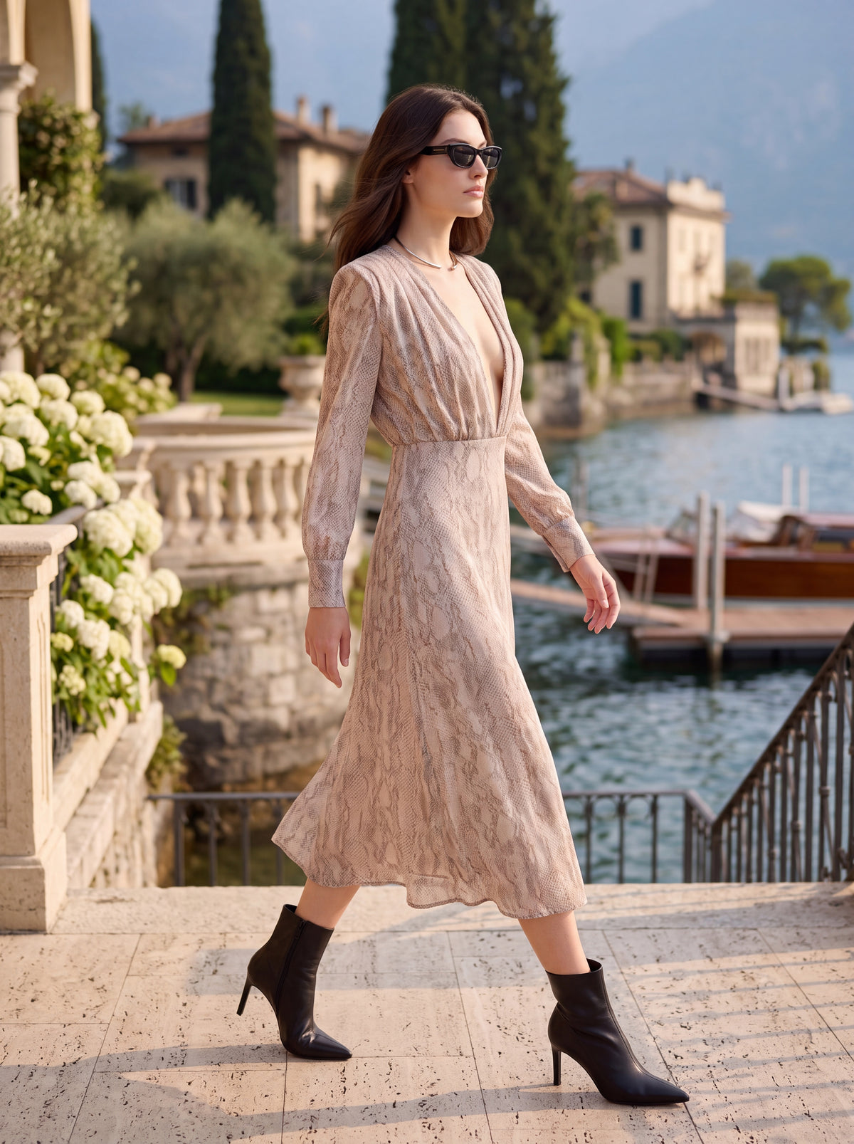 Beige Snake Print Midi Dress - Luxury women's fashion by Lioness Walk