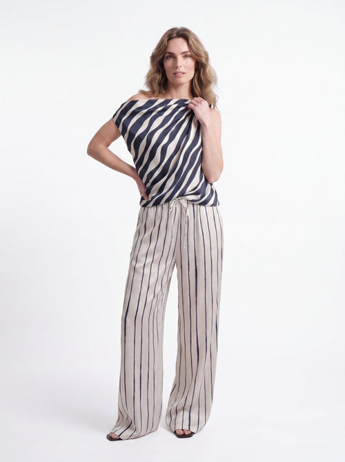 Beige Striped Drawstring Wide Leg Lounge Pants - Luxury women's fashion by Lioness Walk