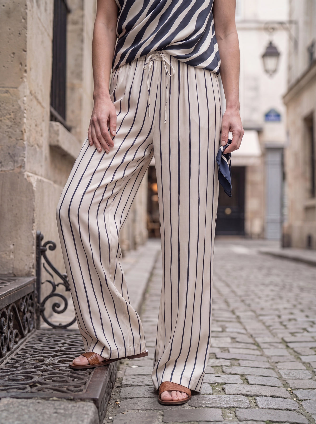 Beige Striped Drawstring Wide Leg Lounge Pants - Luxury women's fashion by Lioness Walk