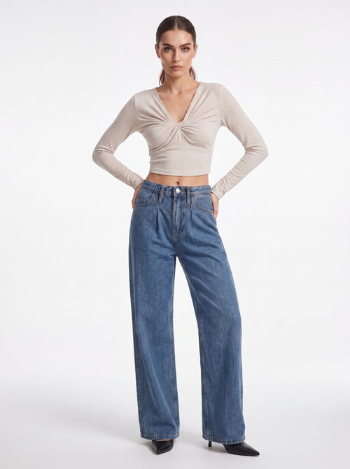 Beige Twist Front Long Sleeve Crop Top - Luxury women's fashion by Lioness Walk