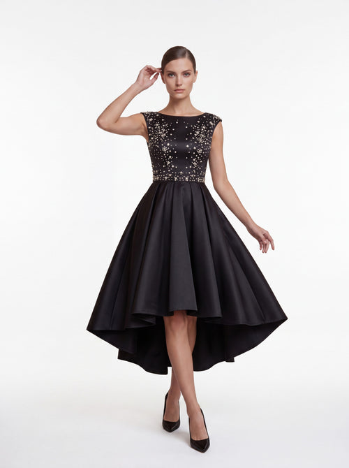 Black Embellished High-Low Satin Dress - Luxury women's fashion by Lioness Walk