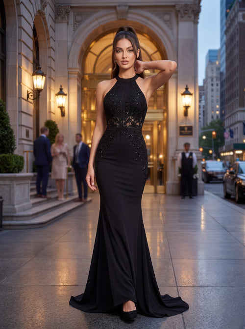 Black Embellished Mermaid Evening Gown - Luxury women's fashion by Lioness Walk