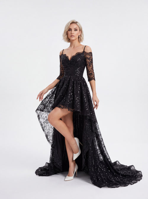 Black Lace High-Low Evening Dress - Luxury women's fashion by Lioness Walk