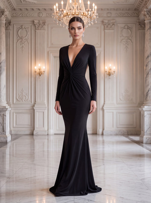 Black Open Back Long Sleeve Evening Gown - Luxury women's fashion by Lioness Walk