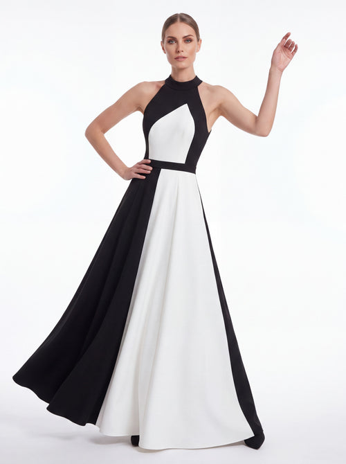 Black & White Color Block Halter Evening Gown - Luxury women's fashion by Lioness Walk