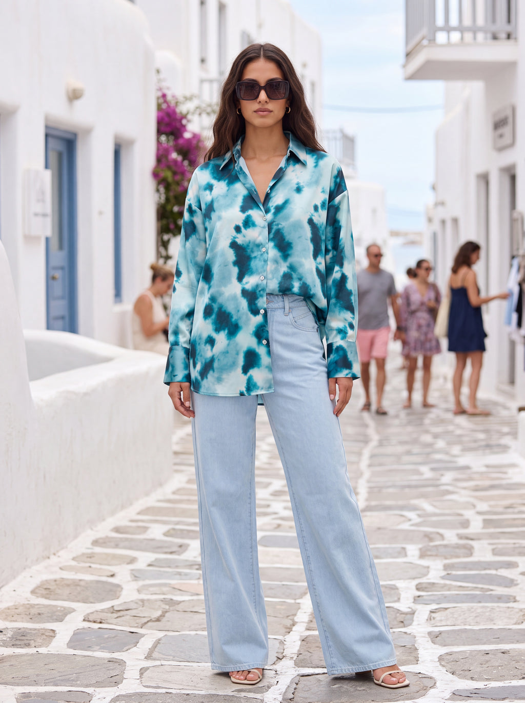 Blue Tie-Dye Satin Shirt - Luxury women's fashion by Lioness Walk