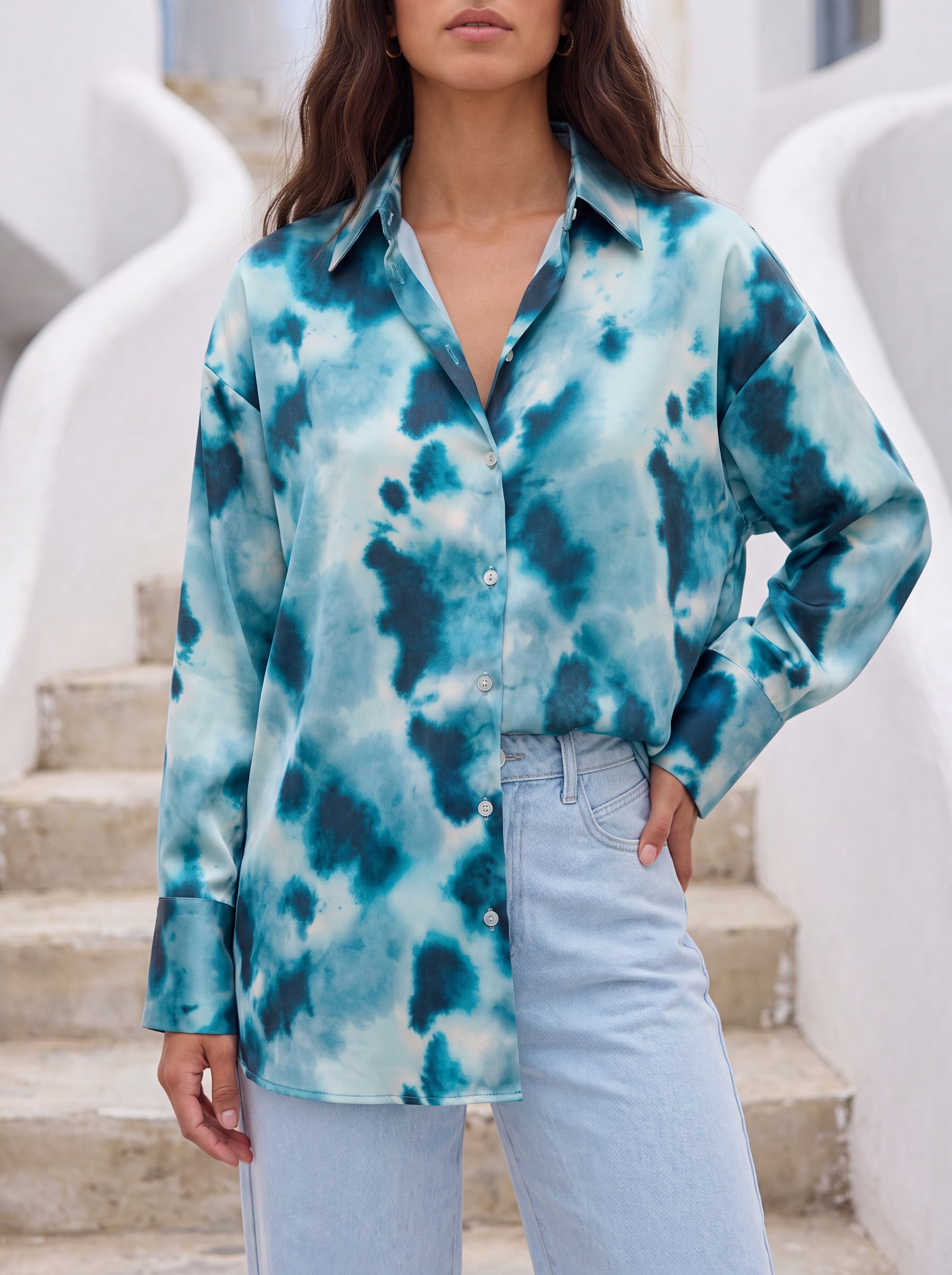 Blue Tie-Dye Satin Shirt - Luxury women's fashion by Lioness Walk