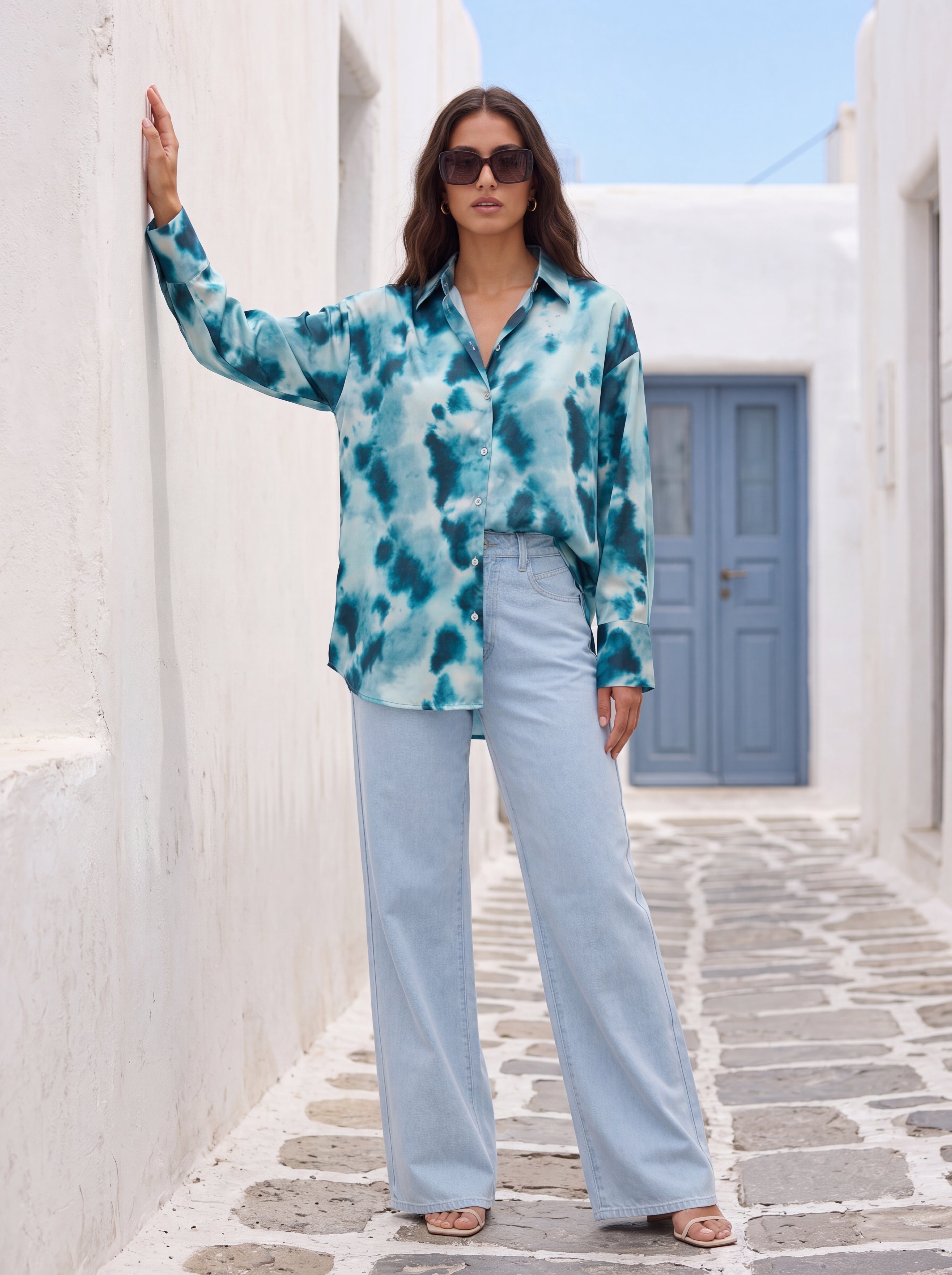 Blue Tie-Dye Satin Shirt - Luxury women's fashion by Lioness Walk