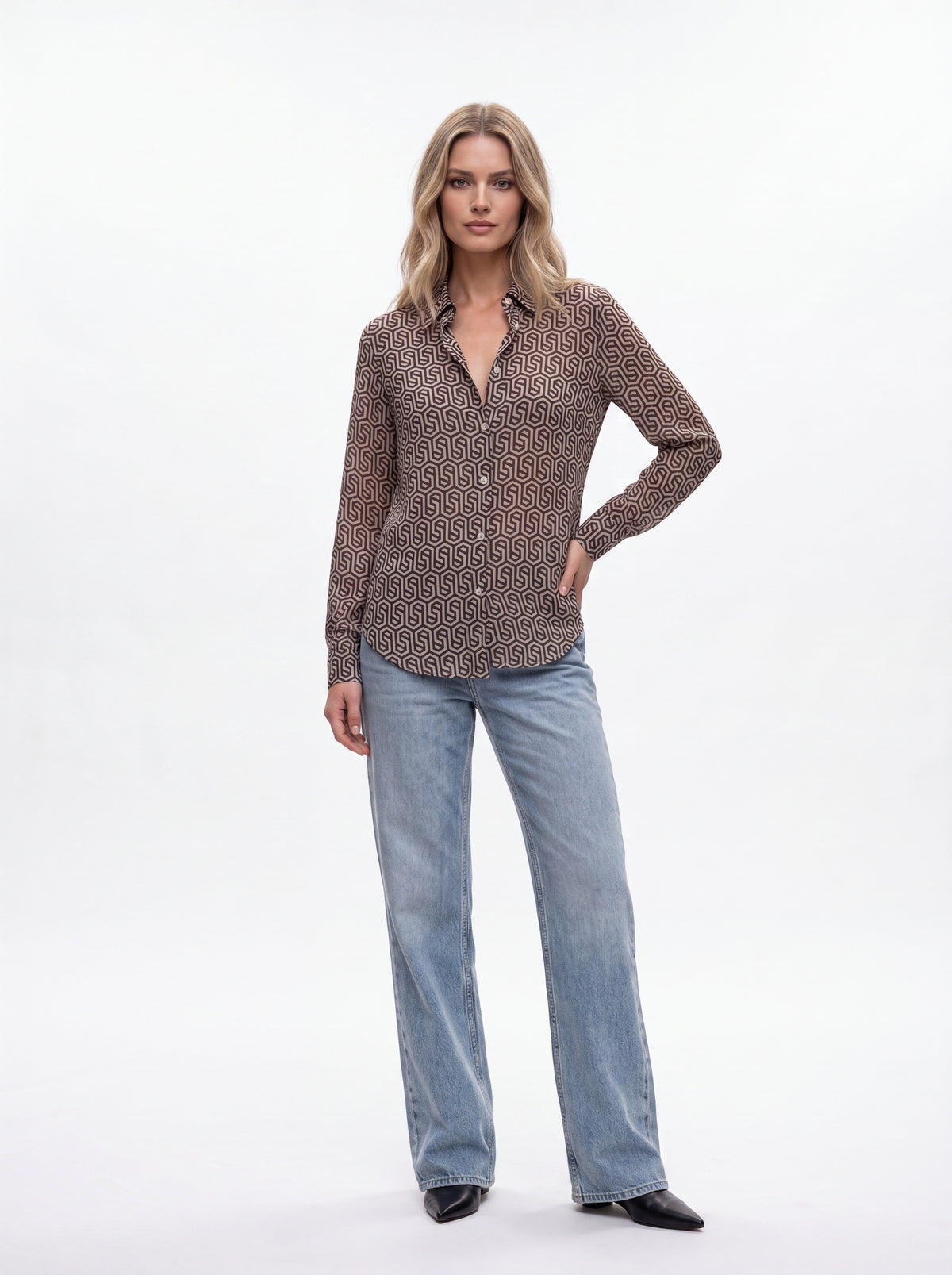 Brown Geometric Print Shirt - Luxury women's fashion by Lioness Walk
