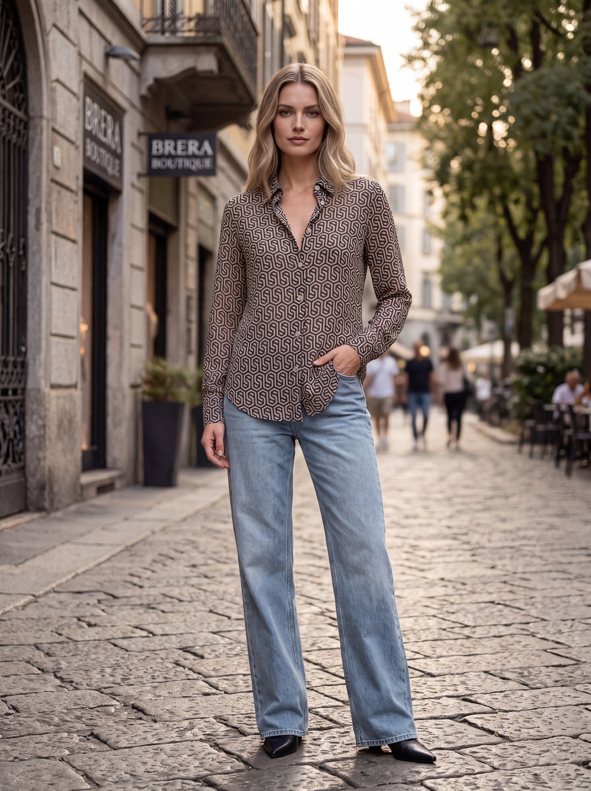 Brown Geometric Print Shirt - Luxury women's fashion by Lioness Walk
