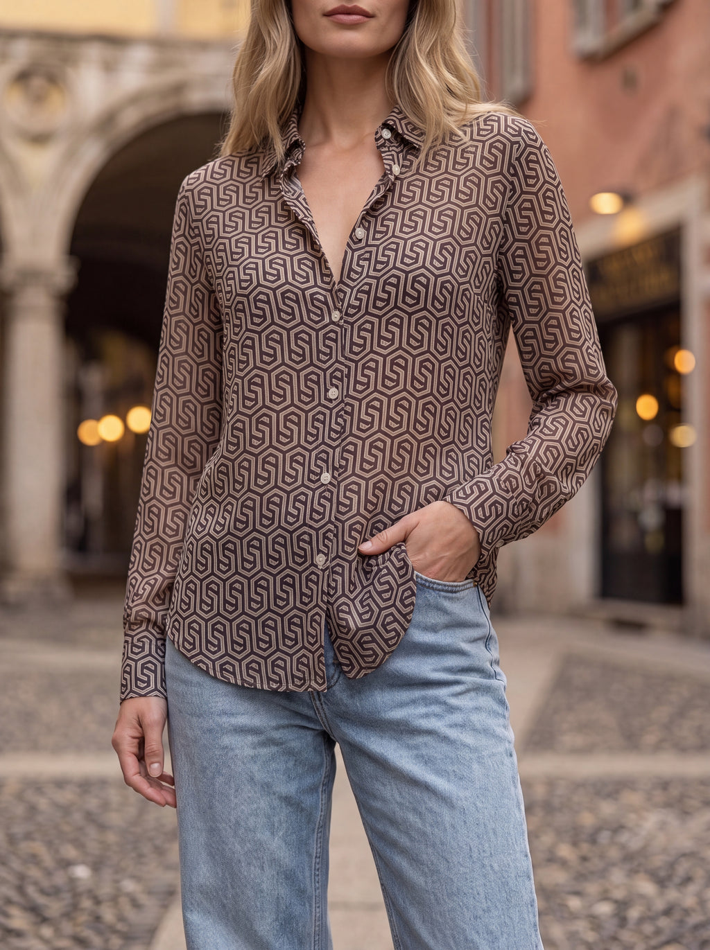 Brown Geometric Print Shirt - Luxury women's fashion by Lioness Walk