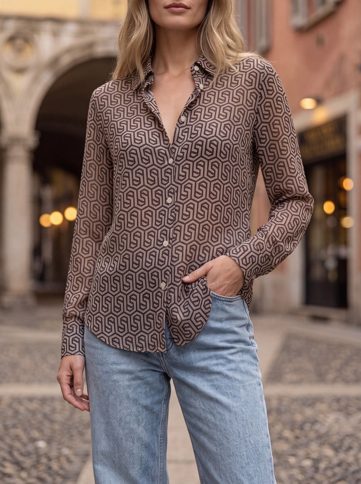 Brown Geometric Print Shirt - Luxury women's fashion by Lioness Walk