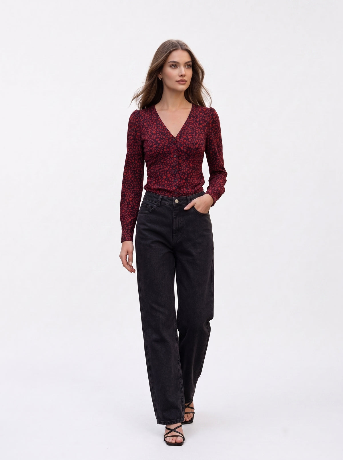 Burgundy Floral V-Neck Long Sleeve Top - Luxury women's fashion by Lioness Walk