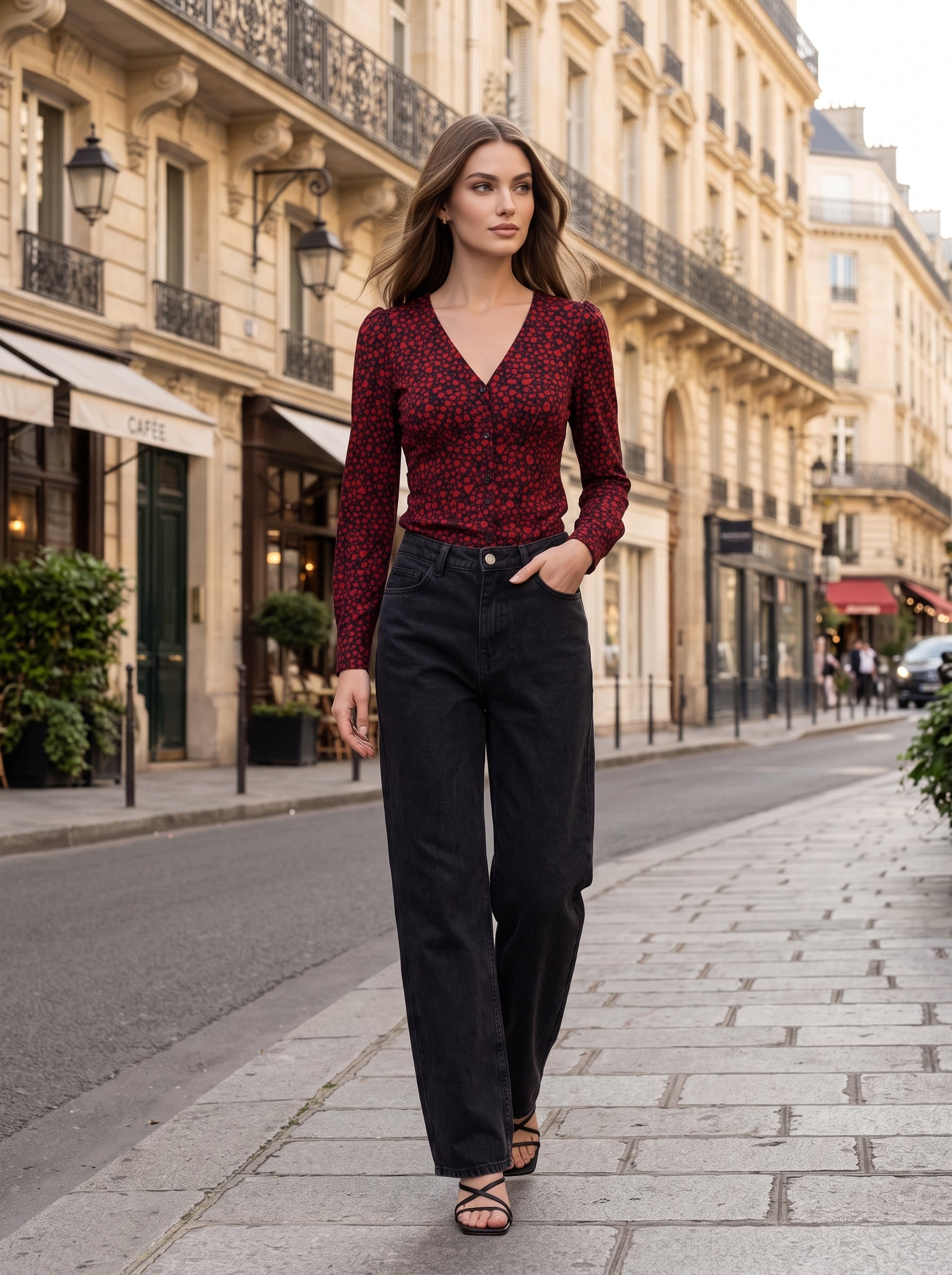 Burgundy Floral V-Neck Long Sleeve Top - Luxury women's fashion by Lioness Walk