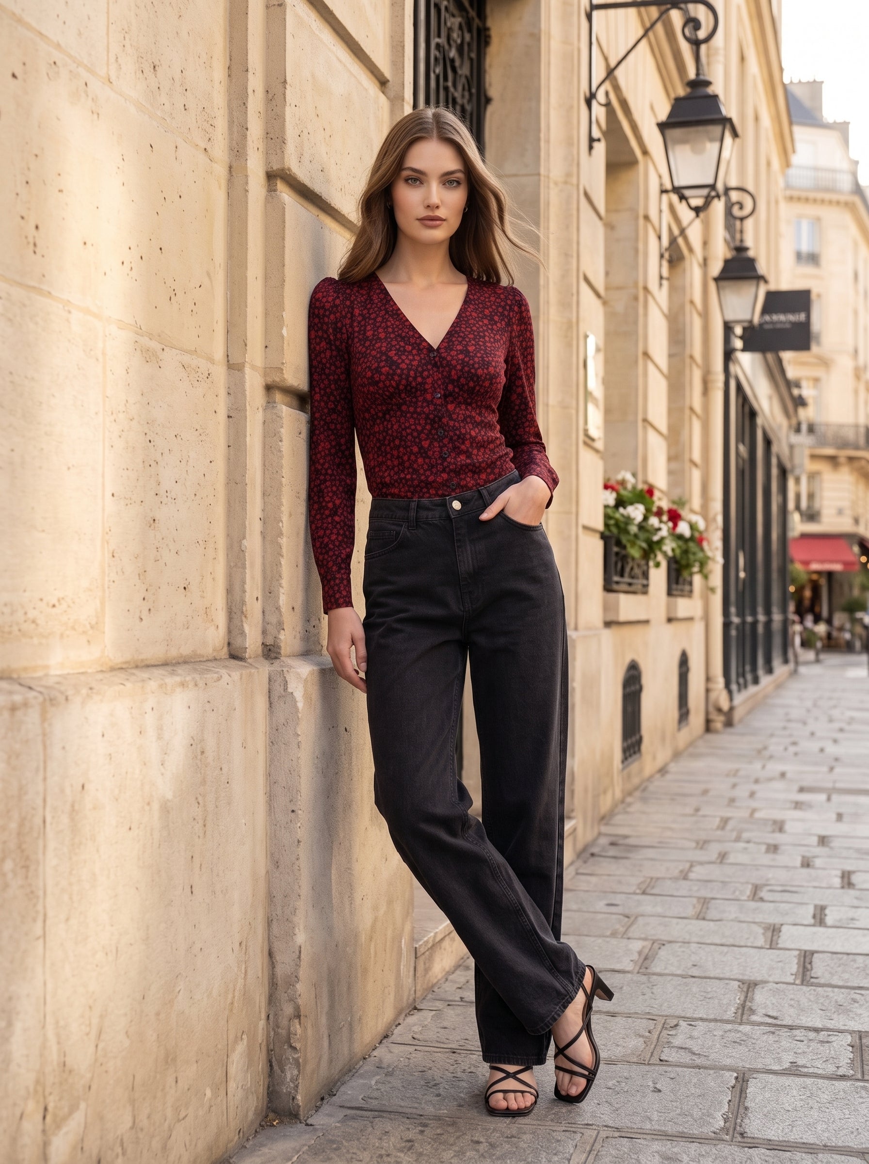 Burgundy Floral V-Neck Long Sleeve Top - Luxury women's fashion by Lioness Walk