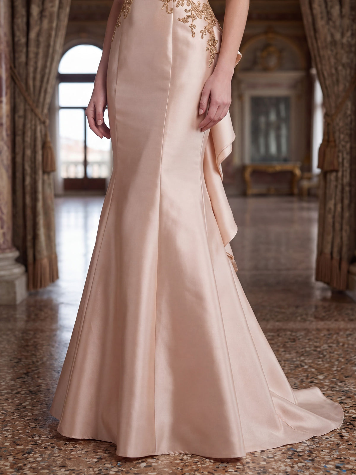 Champagne Satin Mermaid Evening Gown - Luxury women's fashion by Lioness Walk
