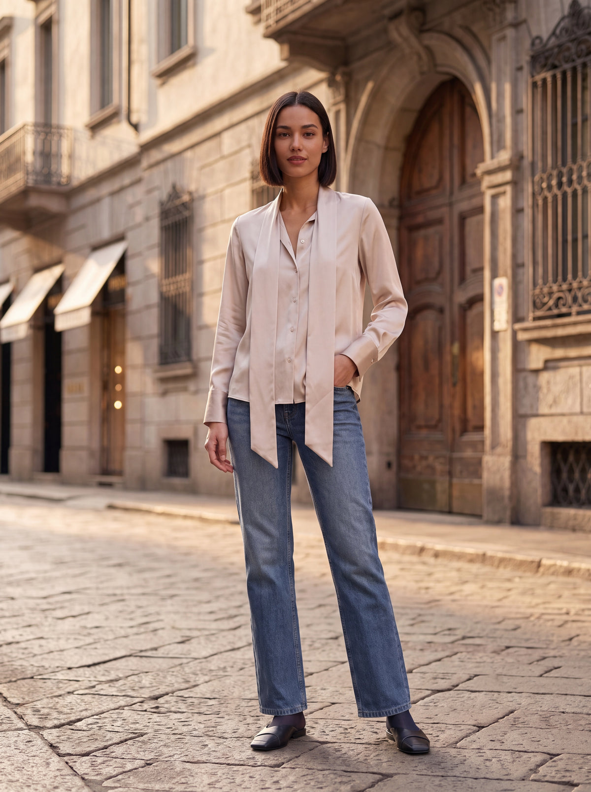 Champagne Satin Tie-Neck Shirt - Luxury women's fashion by Lioness Walk