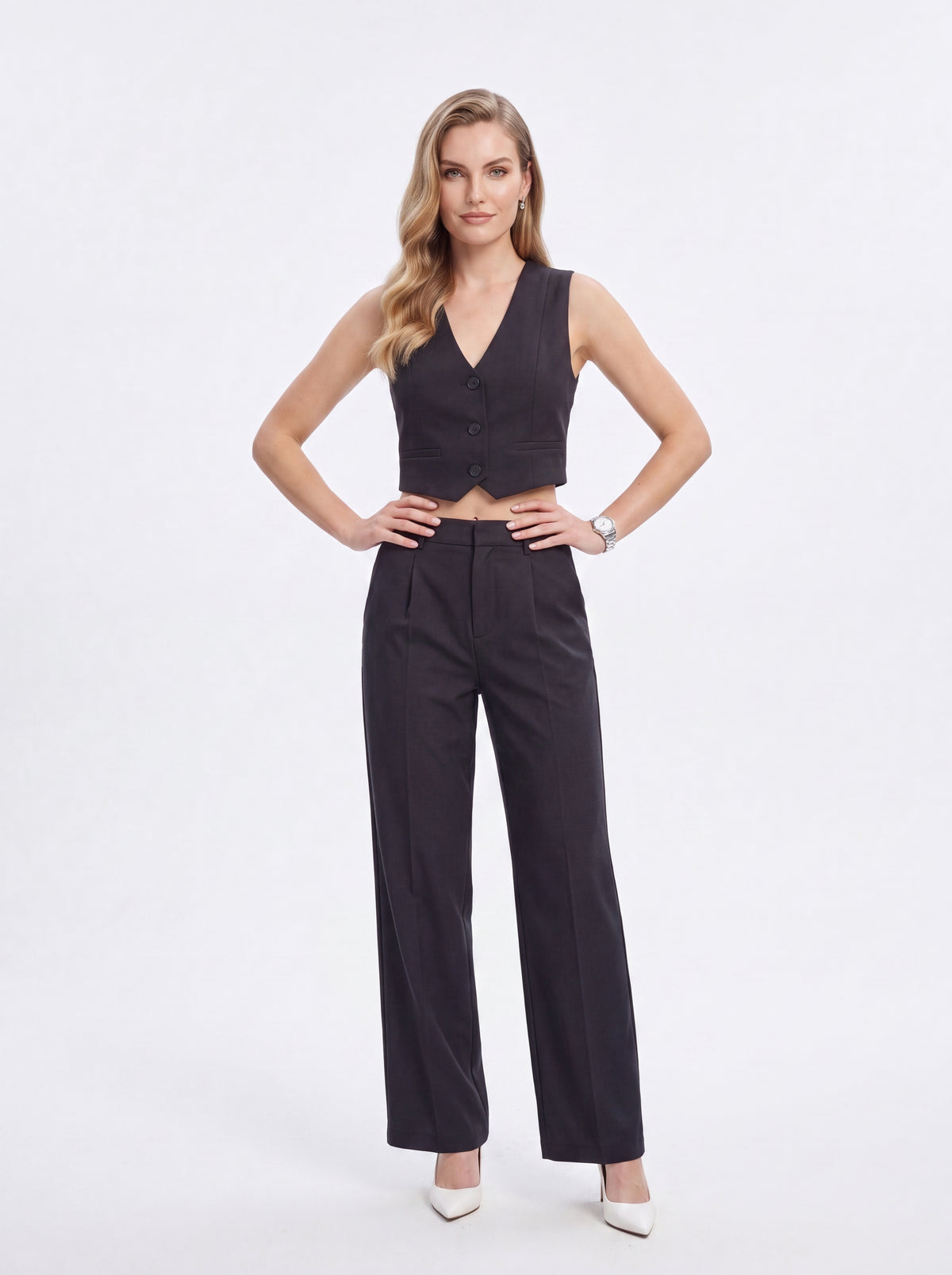 Charcoal High-Waisted Straight-Leg Tailored Trousers - Luxury women's fashion by Lioness Walk
