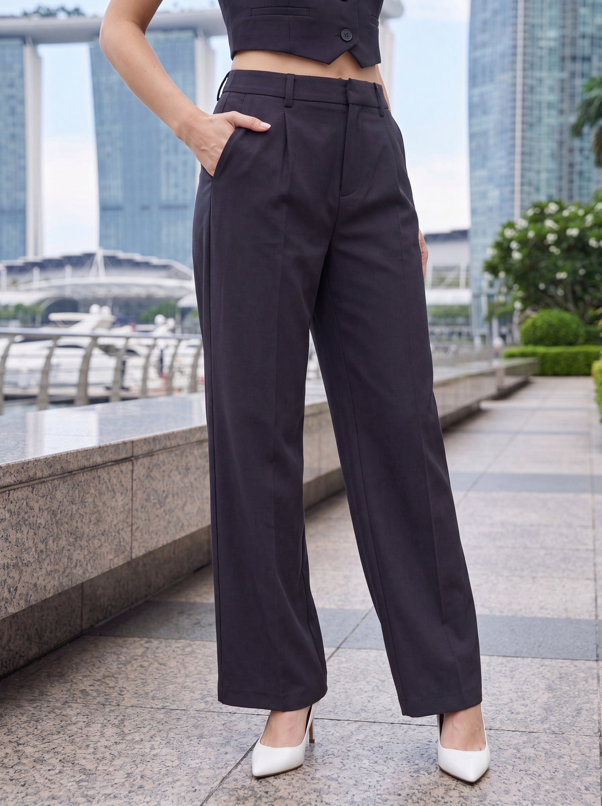 Charcoal High-Waisted Straight-Leg Tailored Trousers - Luxury women's fashion by Lioness Walk