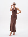 Chocolate Brown Satin Cowl Neck Maxi Dress - Luxury women's fashion by Lioness Walk