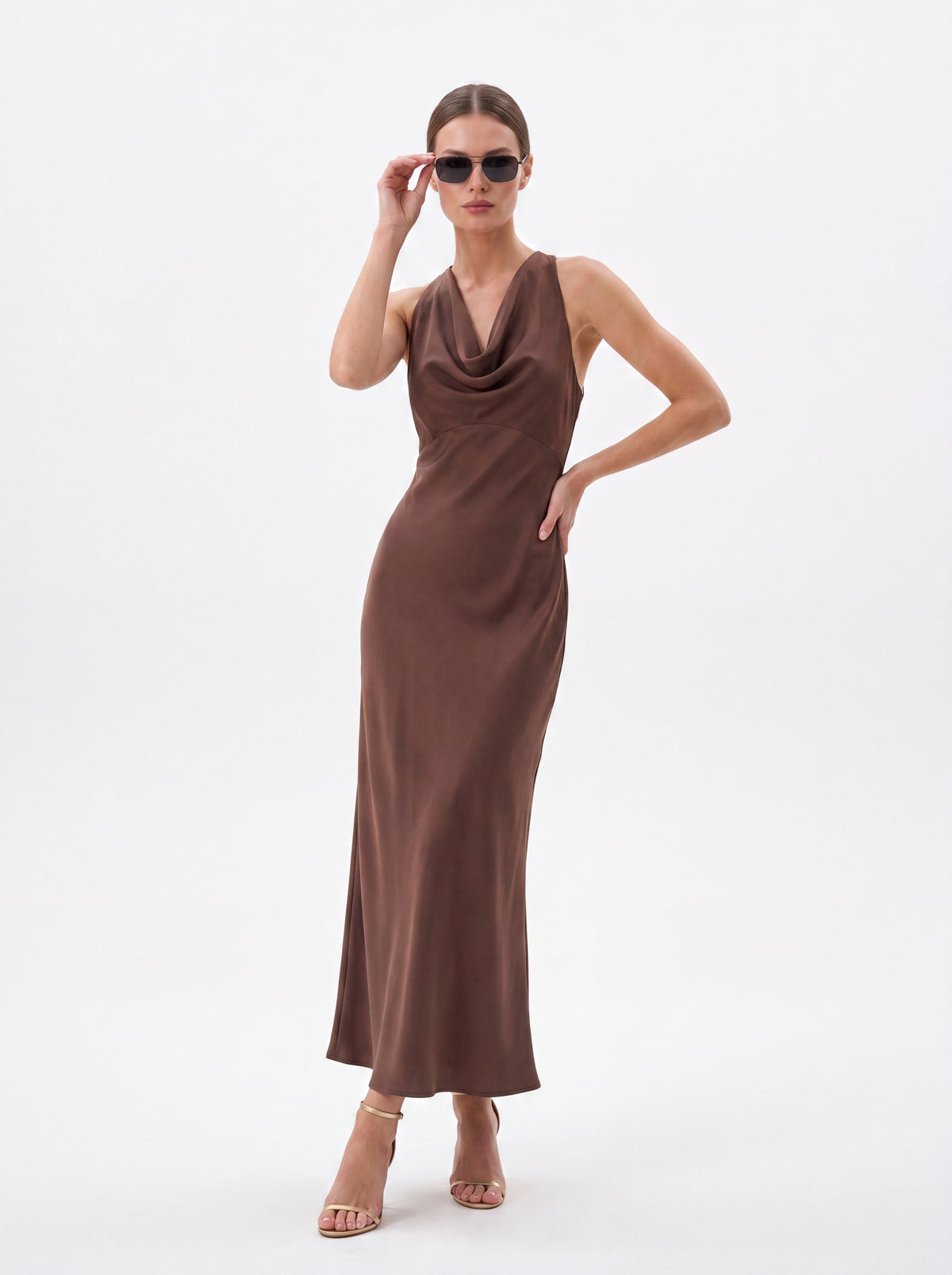 Chocolate Brown Satin Cowl Neck Maxi Dress - Luxury women's fashion by Lioness Walk